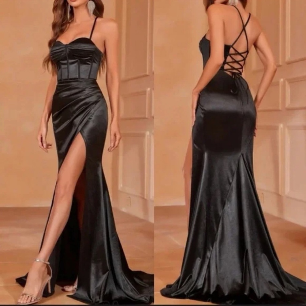 Luxe Black Satin Corset Lace Up Ruched Formal Party Wedding Dress XS S M L XL